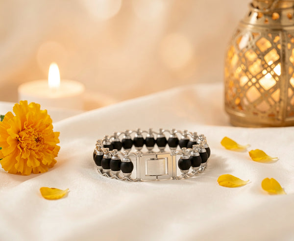 Silver Plated Karungali Modern Bracelet - Natural Ebony Wood