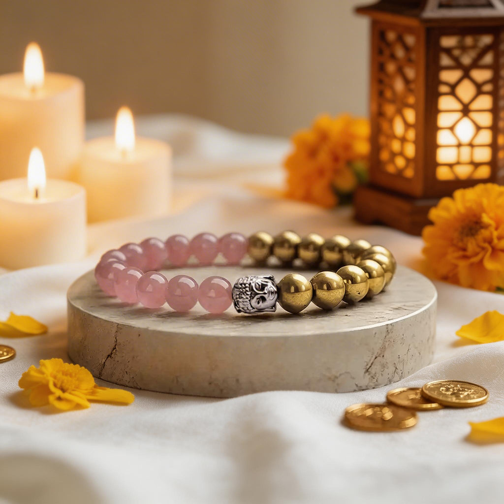 Golden Pyrite Rose Quartz budha bracelet