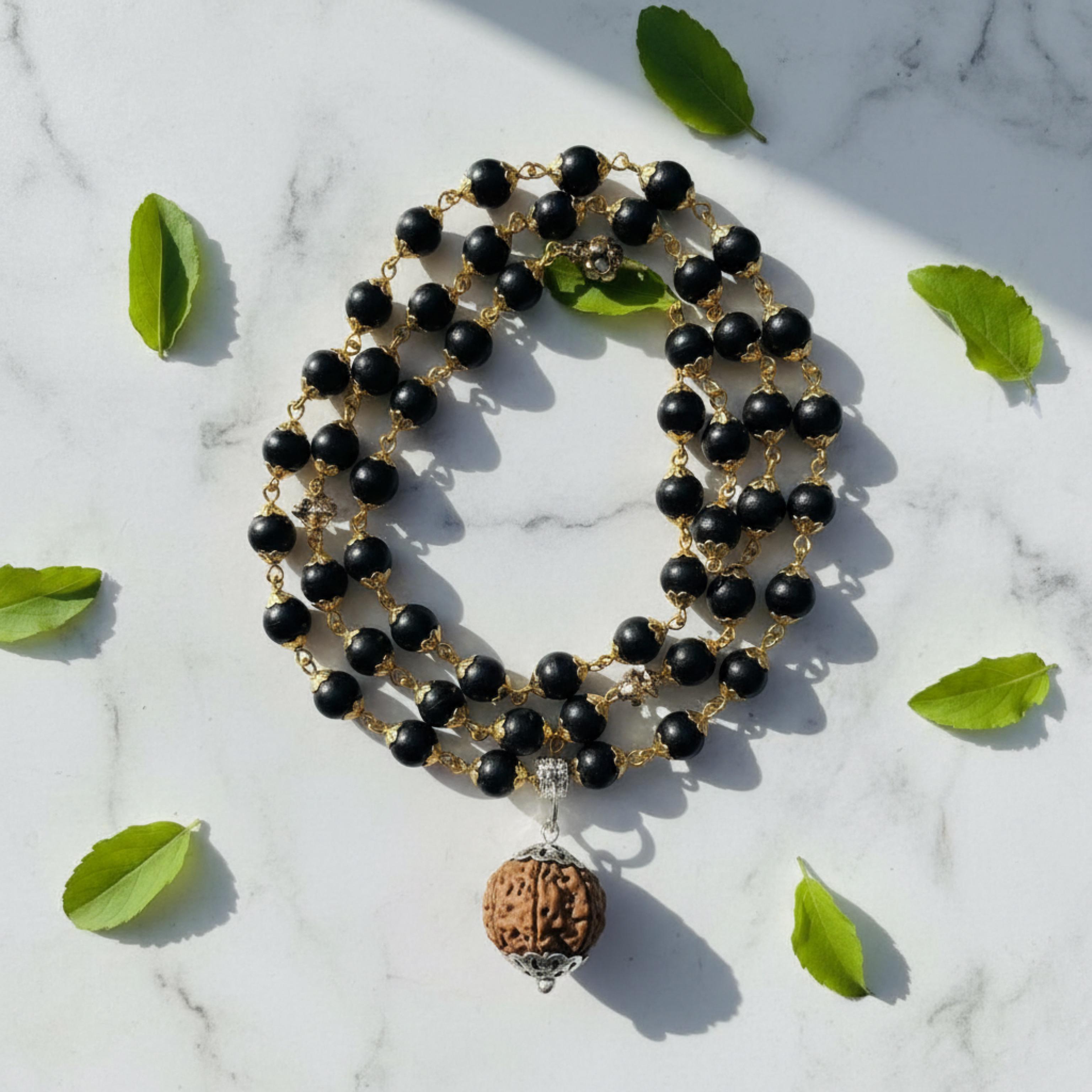 Kashivardan Gold Cap Karungali Mala with 5 mukhi Nepali pendent