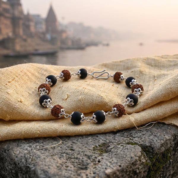Karungali rudraksha mix bracelet in silver cap