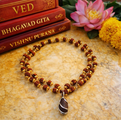 100% Natural & Original Beads 5 Mukhi Rudraksha Mala in Gold Plated Cap with Natural Narmadeshwar Shivling Locket By Kashivardan.
