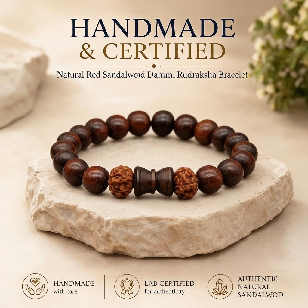 Red Wood Bracelet With Damru And Rudraksha