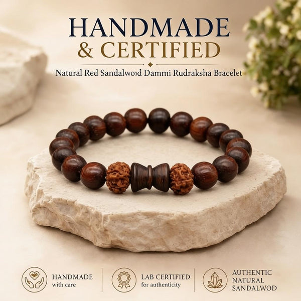 Red Wood Bracelet With Damru And Rudraksha