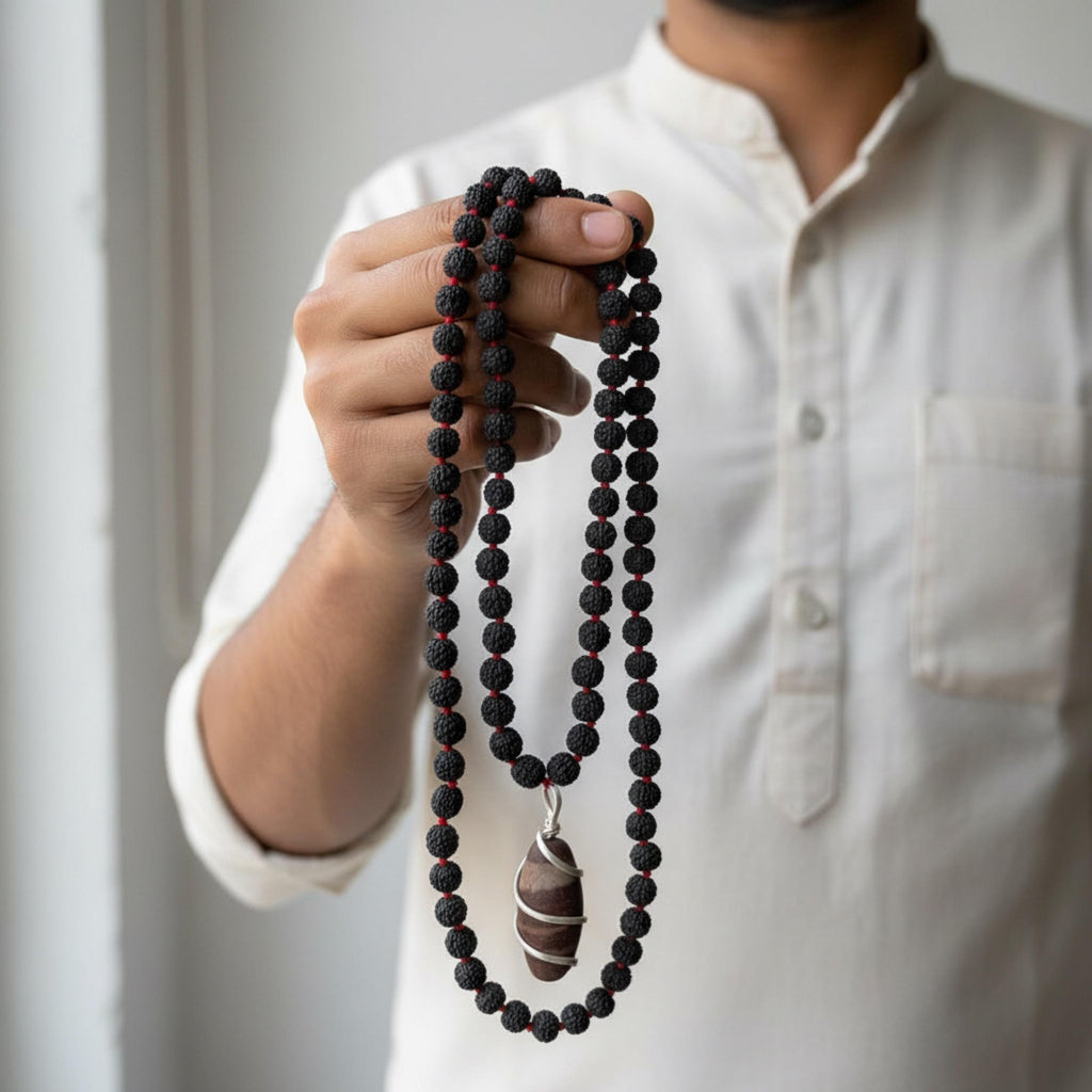 Kashivardan Black Rudraksha Mala with Silver Wire Wrapped Narmadeshwar Stone Pendant | 8mm Natural Beads | Blessed and Purified with Gangajal | Idol for Mens & Womens | Meditation & Pooja
