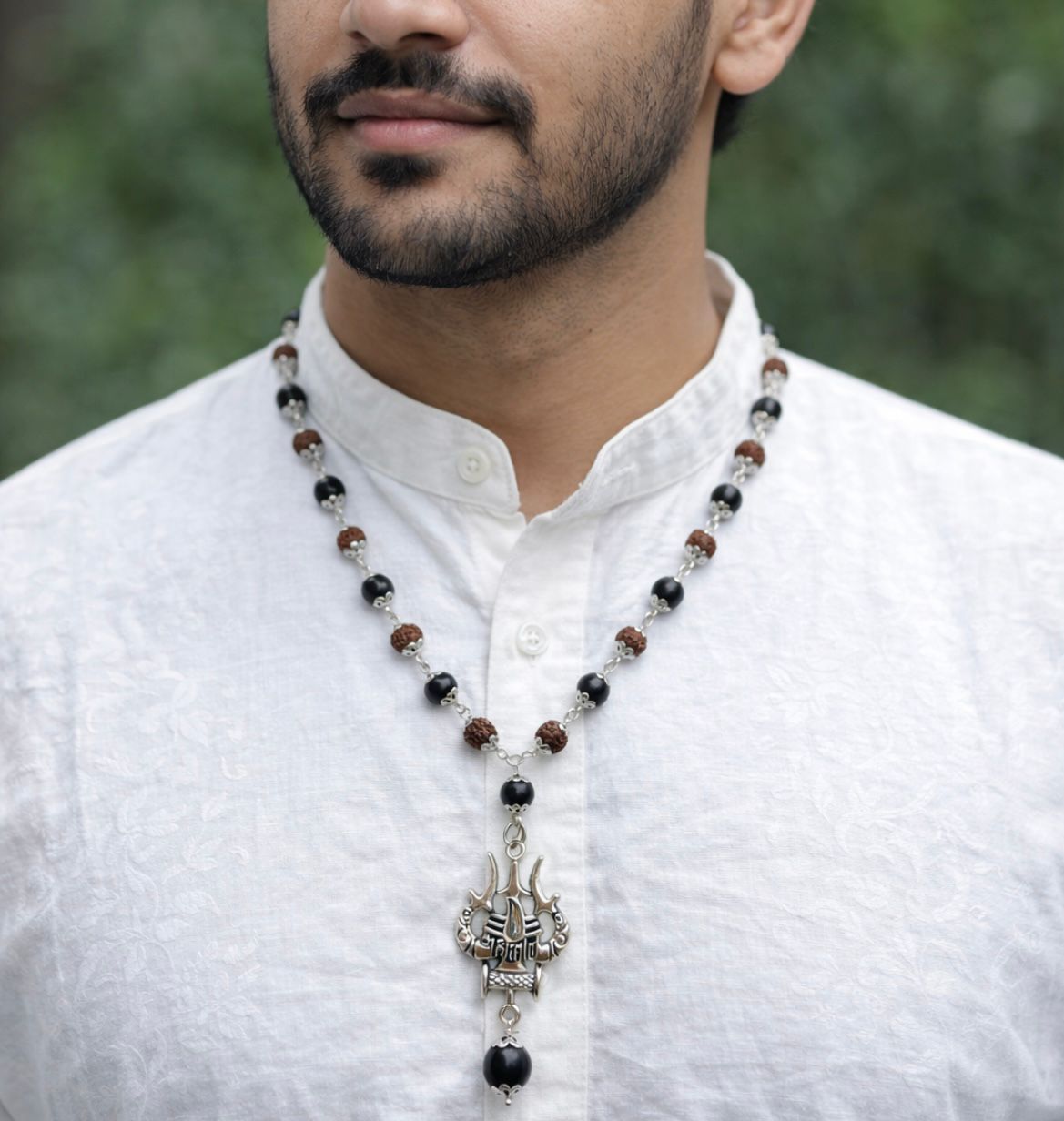 Karungali Rudraksha Silver Cap Mala with Trishul Pendent