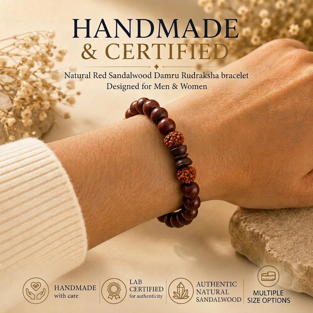 Red Wood Bracelet With Damru And Rudraksha