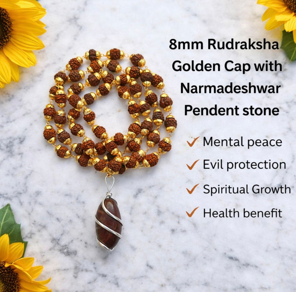 100% Natural & Original Beads 5 Mukhi Rudraksha Mala in Gold Plated Cap with Natural Narmadeshwar Shivling Locket By Kashivardan.