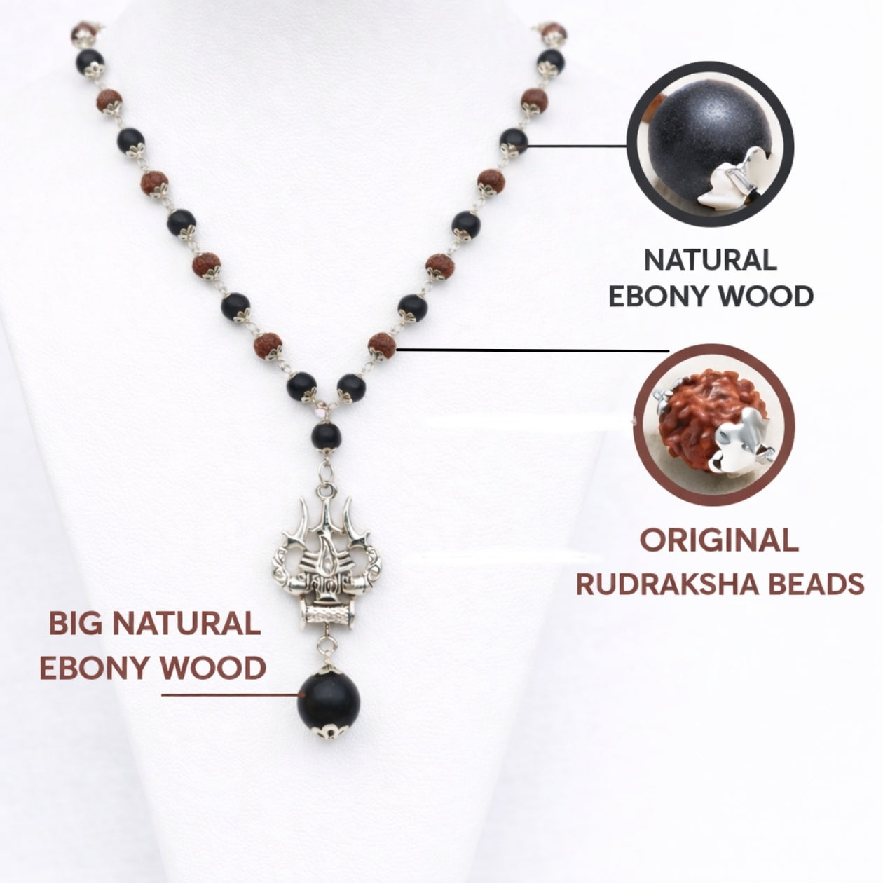 Karungali Rudraksha Silver Cap Mala with Trishul Pendent