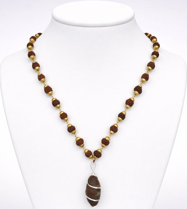100% Natural & Original Beads 5 Mukhi Rudraksha Mala in Gold Plated Cap with Natural Narmadeshwar Shivling Locket By Kashivardan.