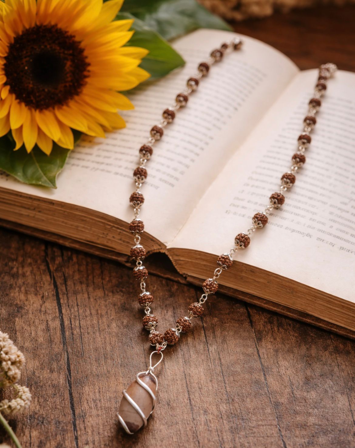 5 mukhi Rudraksha silver cap mala with narmadeshvar pendent