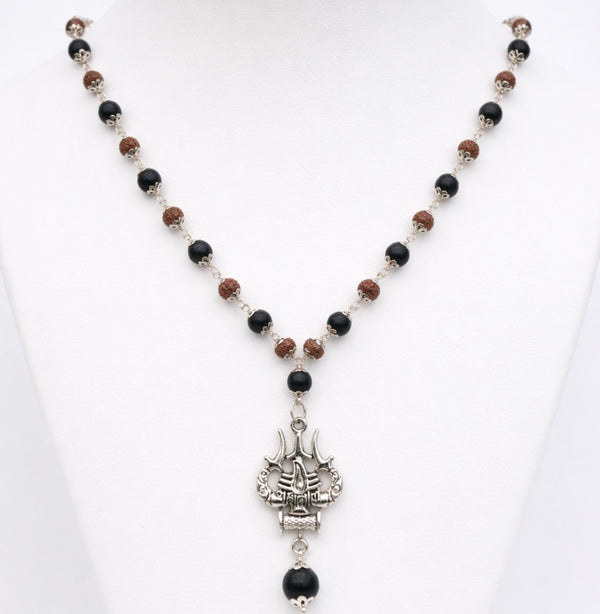 Karungali Rudraksha Silver Cap Mala with Trishul Pendent