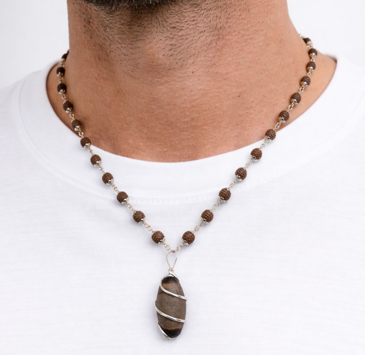 5 mukhi Rudraksha silver cap mala with narmadeshvar pendent