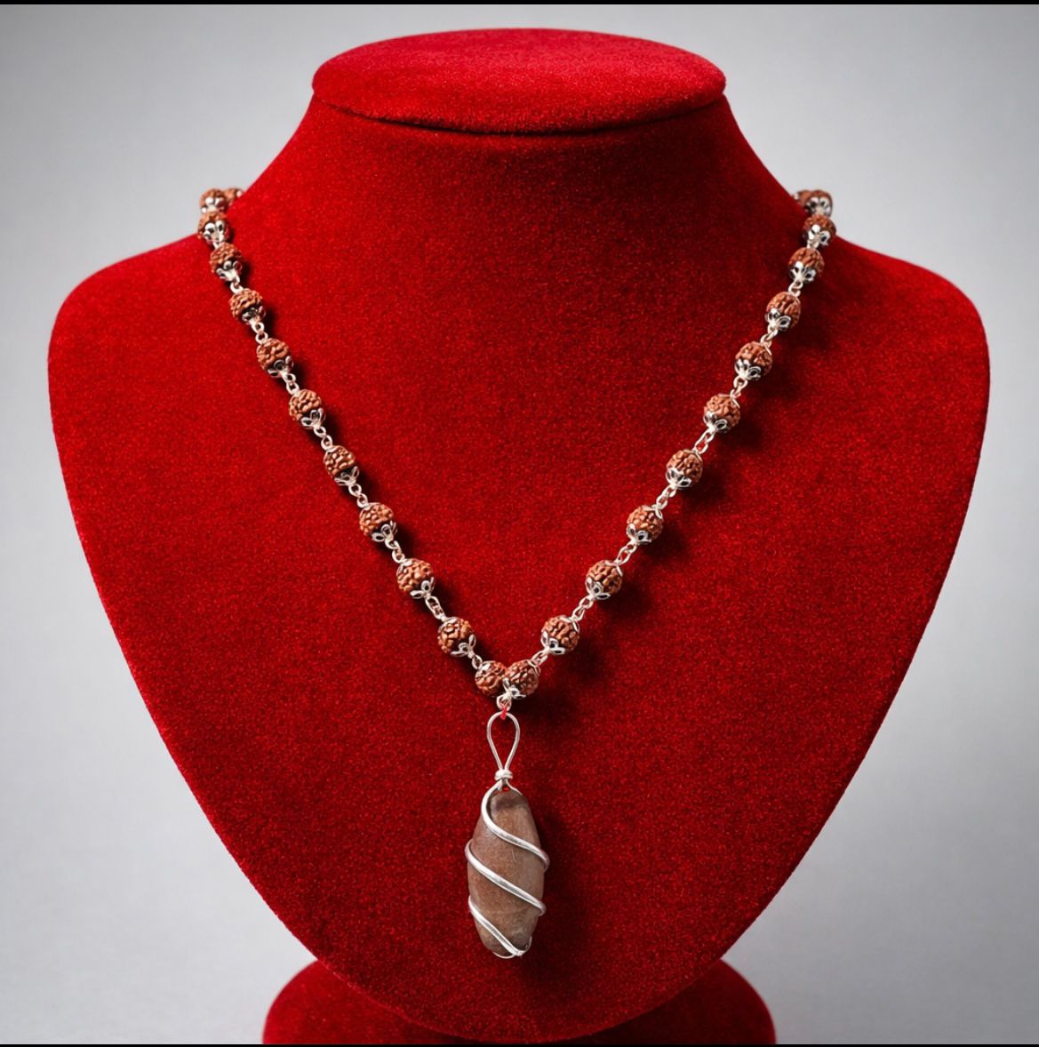 5 mukhi Rudraksha silver cap mala with narmadeshvar pendent